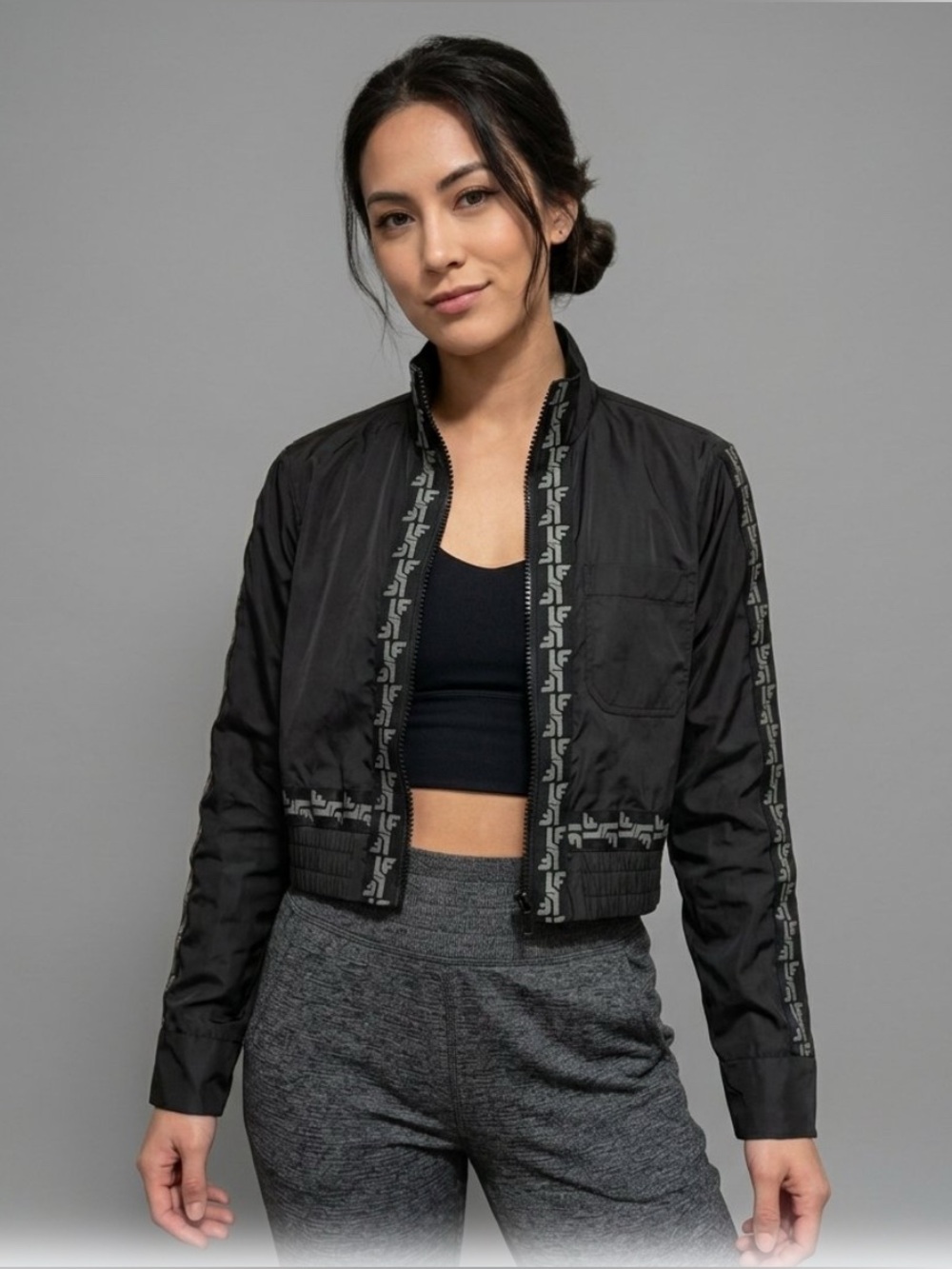 LF The Brand Cropped Bomber Jacket Black/Gray Trim Size S